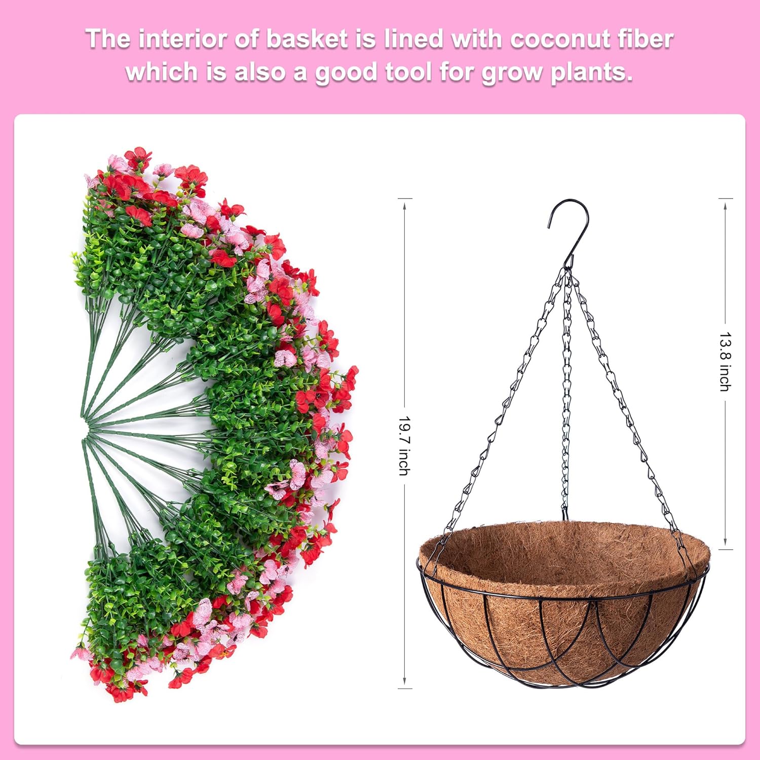 Artificial Silk Flowers Hanging Basket for Outdoor Indoor, Daisy with Eucalyptus Leaves Arrangement for Garden Yard Spring Summer Decor, Faux Green Plant in Metal Coconut Lining Pot(Red Purple)