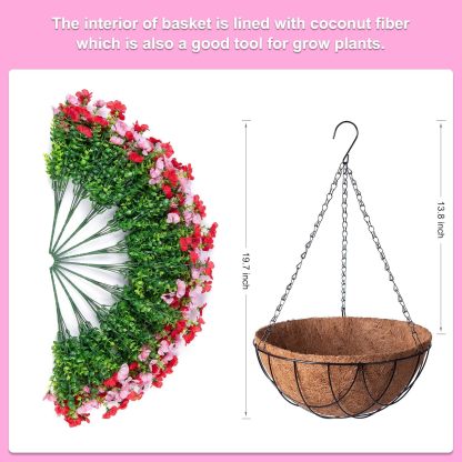 Artificial Silk Flowers Hanging Basket for Outdoor Indoor, Daisy with Eucalyptus Leaves Arrangement for Garden Yard Spring Summer Decor, Faux Green Plant in Metal Coconut Lining Pot(Red Purple)