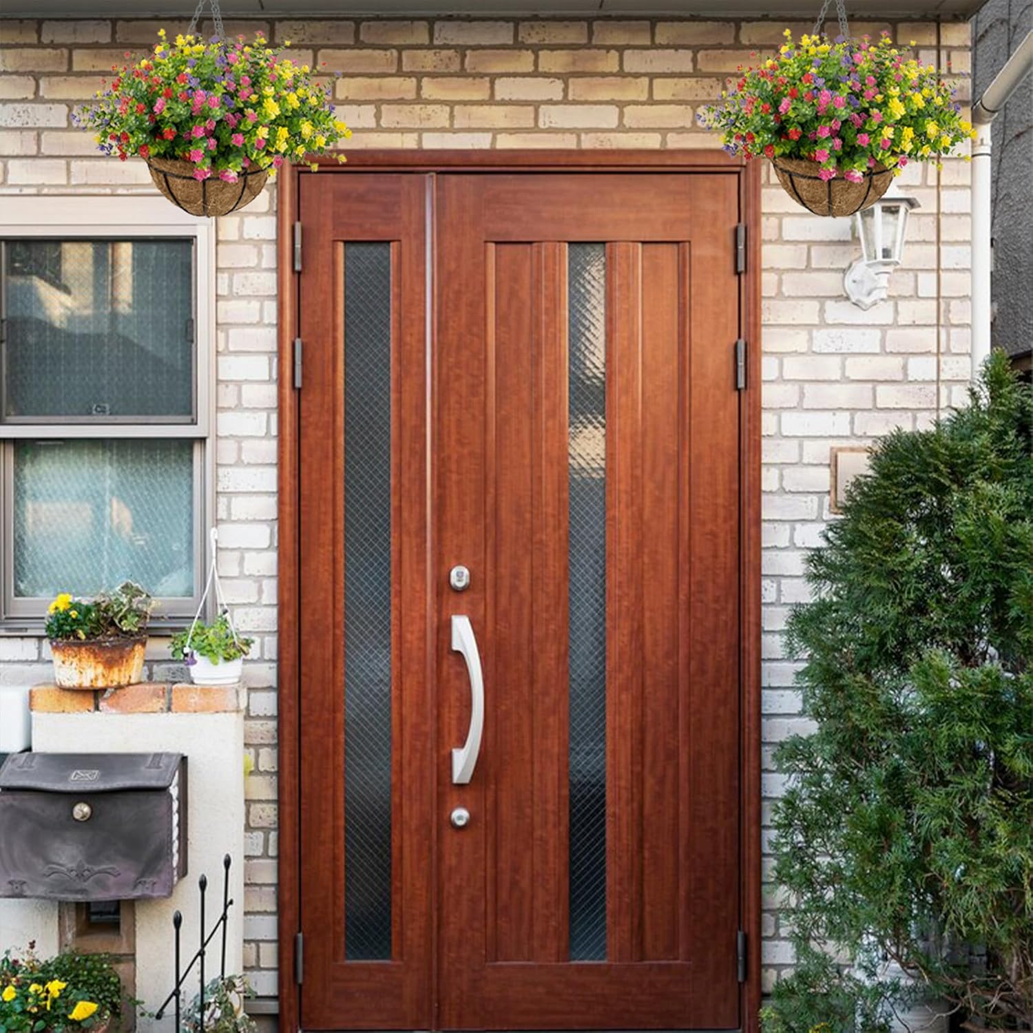 Artificial Hanging Flowers Basket for Outdoor, 16 Fake Flowers Look Real UV Resistant, Faux Hanging Plants for Porch, Balcony, Patio, Garden, Spring Summer Decor,White