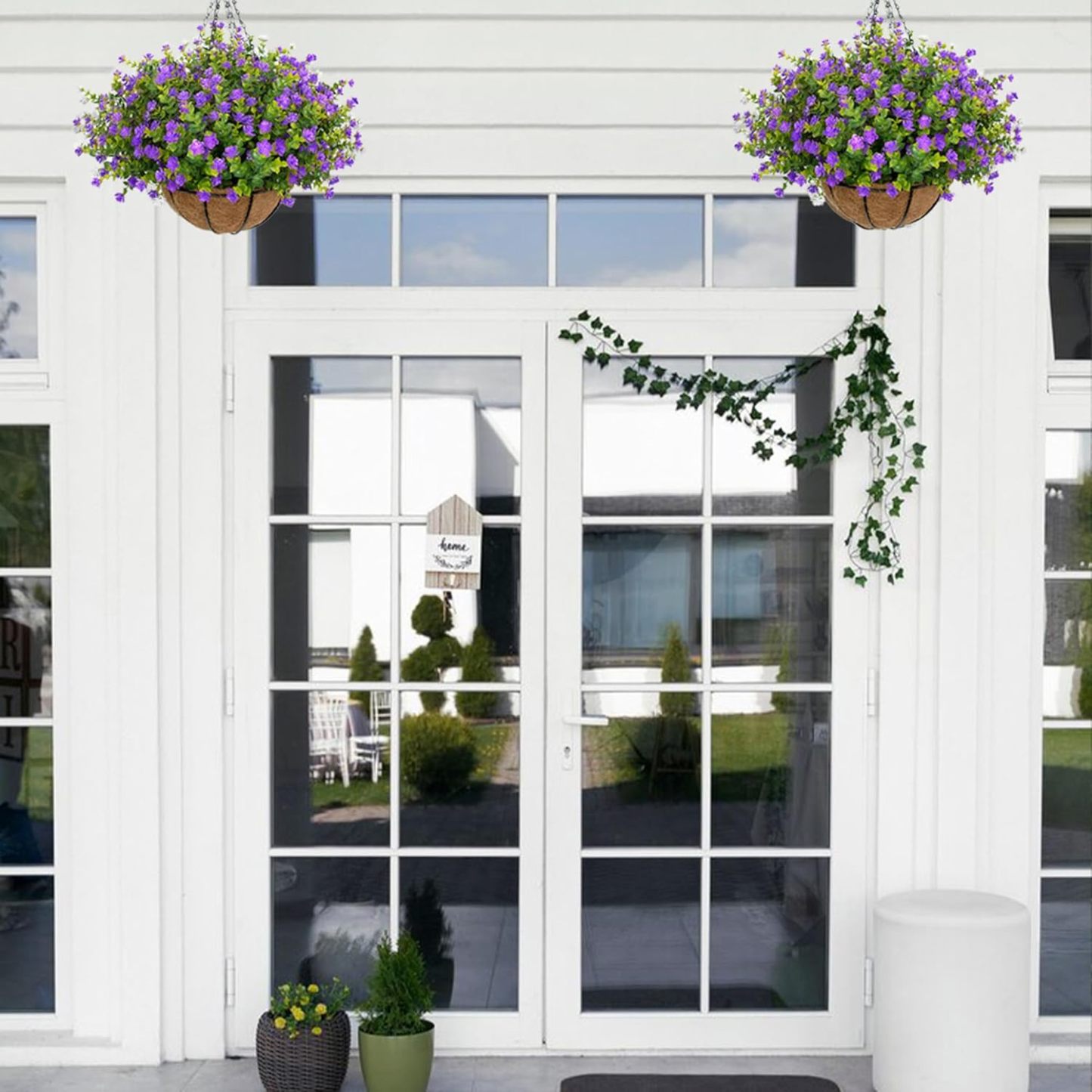 Artificial Hanging Flowers Basket for Outdoor, 16 Fake Flowers Look Real UV Resistant, Faux Hanging Plants for Porch, Balcony, Patio, Garden, Spring Summer Decor,White