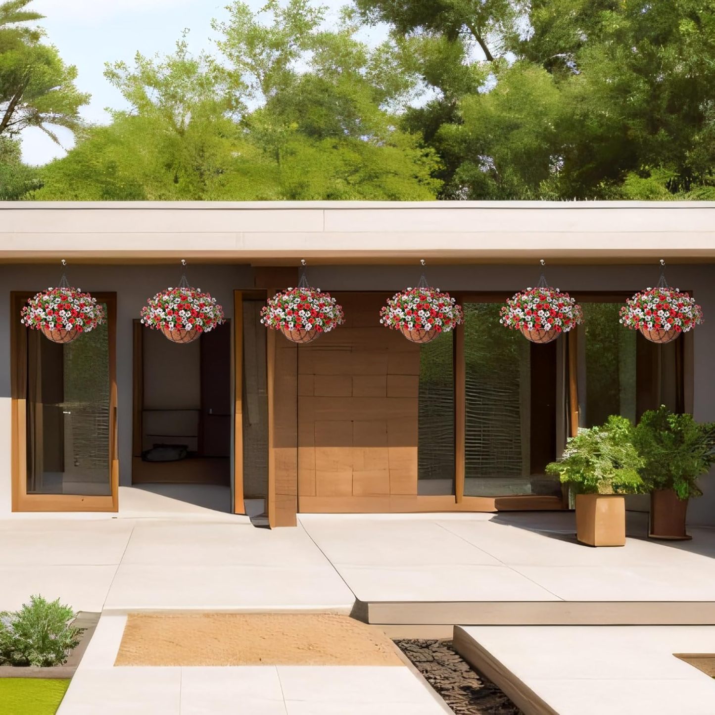 Artificial Silk Flowers Hanging Basket for Outdoor Indoor, Daisy with Eucalyptus Leaves Arrangement for Garden Yard Spring Summer Decor, Faux Green Plant in Metal Coconut Lining Pot(Red Purple)