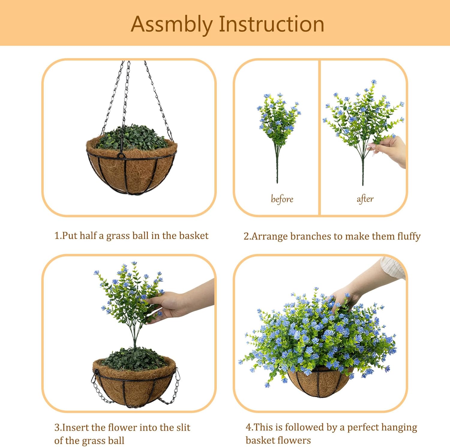 Artificial Hanging Flowers Basket for Outdoor, 16 Fake Flowers Look Real UV Resistant, Faux Hanging Plants for Porch, Balcony, Patio, Garden, Spring Summer Decor,White