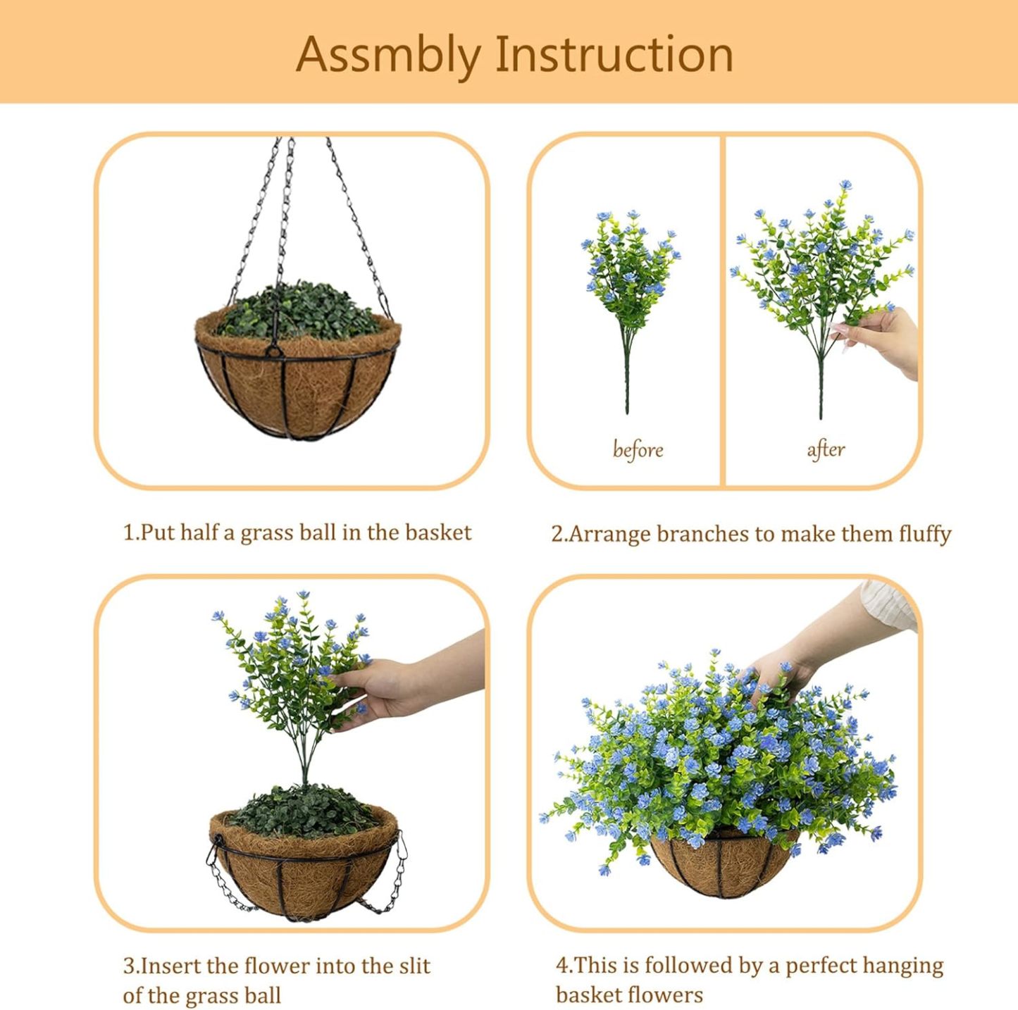 Artificial Hanging Flowers Basket for Outdoor, 16 Fake Flowers Look Real UV Resistant, Faux Hanging Plants for Porch, Balcony, Patio, Garden, Spring Summer Decor,White