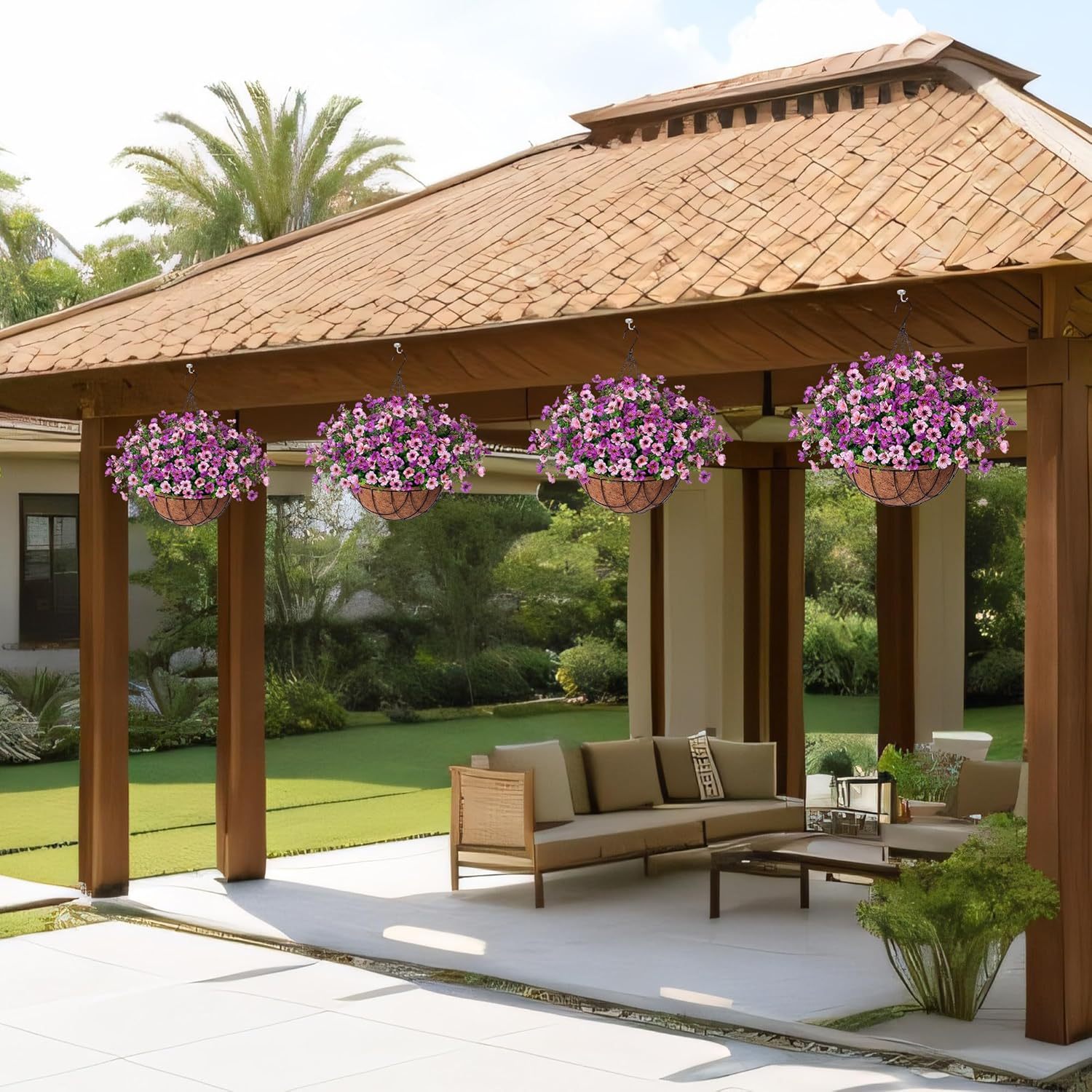 Artificial Silk Flowers Hanging Basket for Outdoor Indoor, Daisy with Eucalyptus Leaves Arrangement for Garden Yard Spring Summer Decor, Faux Green Plant in Metal Coconut Lining Pot(Red Purple)