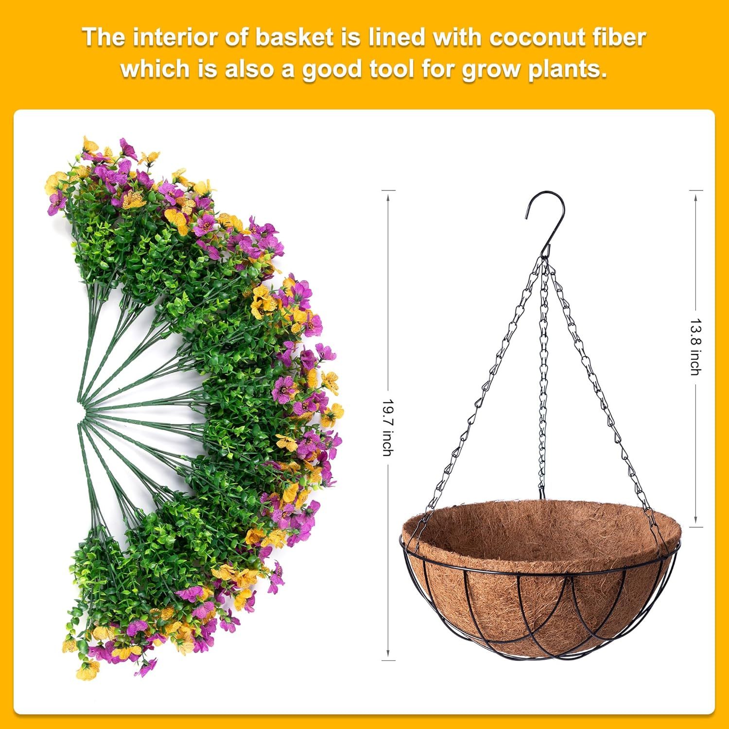 Artificial Silk Flowers Hanging Basket for Outdoor Indoor, Daisy with Eucalyptus Leaves Arrangement for Garden Yard Spring Summer Decor, Faux Green Plant in Metal Coconut Lining Pot(Red Purple)
