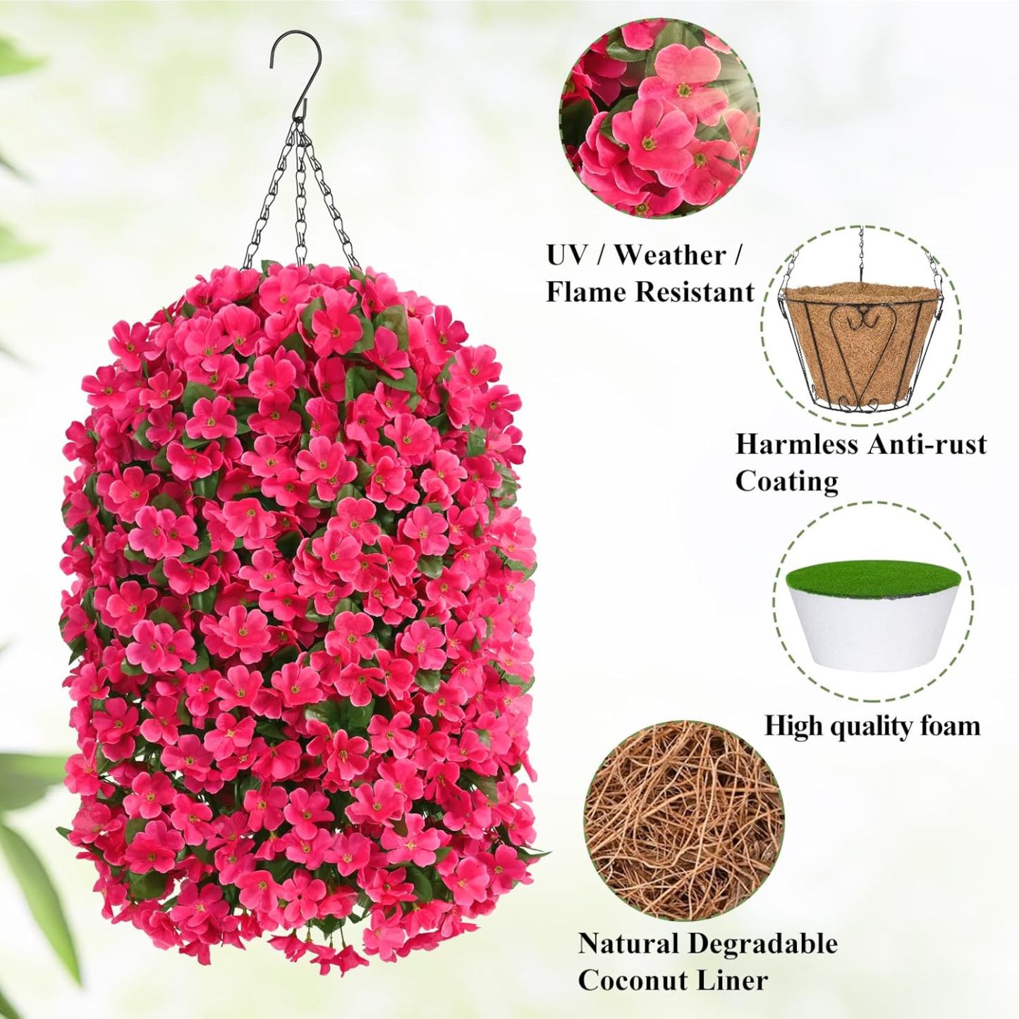 Artificial Hanging Flowers for Outdoors, Fake Hanging Plants with Baskets, Silk Faux Flowers UV Resistant for Planters Home Patio Porch Spring Summer Outside Decorations, Fuchsia