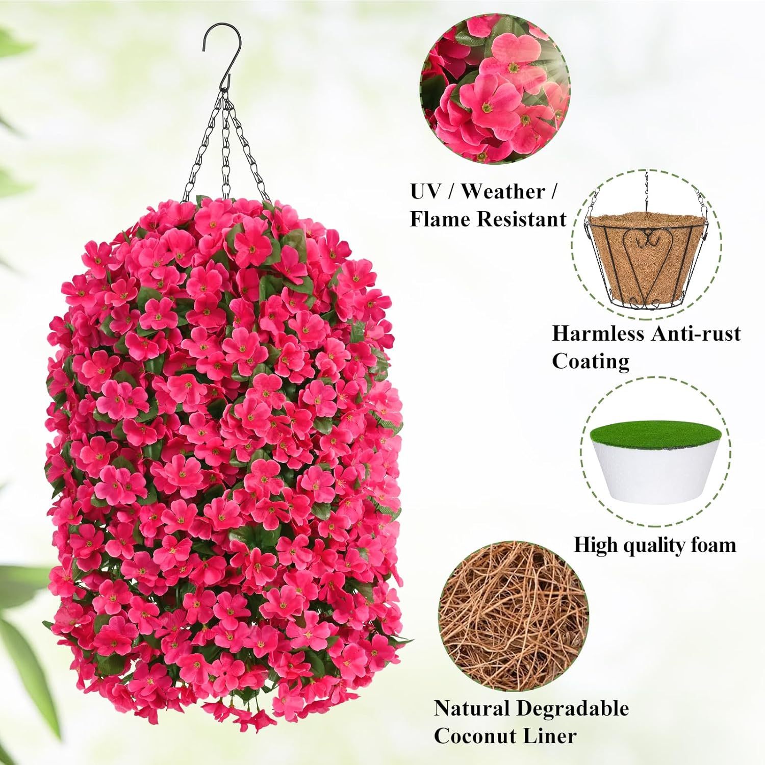 Artificial Hanging Flowers for Outdoors, Fake Hanging Plants with Baskets, Silk Faux Flowers UV Resistant for Planters Home Patio Porch Spring Summer Outside Decorations, Fuchsia