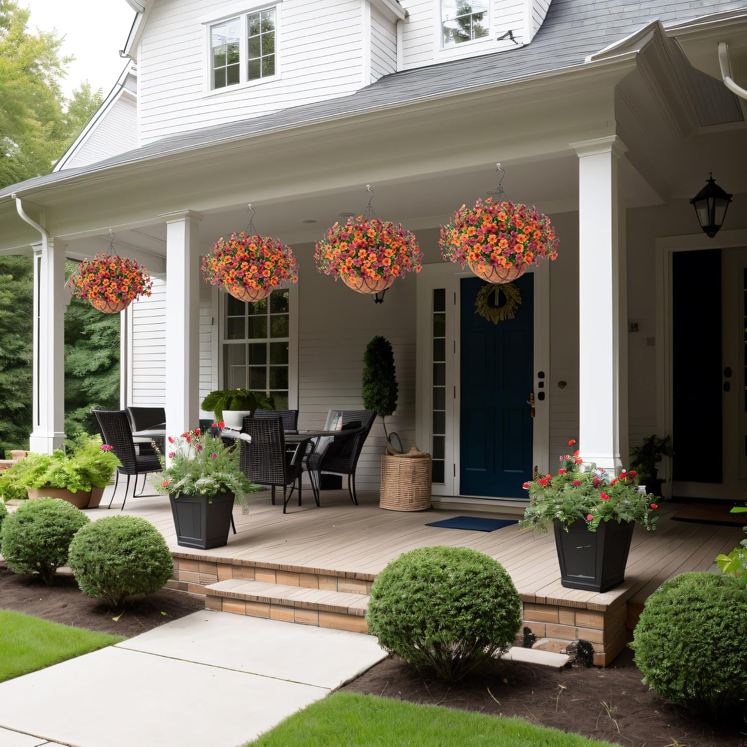 Artificial Silk Flowers Hanging Basket for Outdoor Indoor, Daisy with Eucalyptus Leaves Arrangement for Garden Yard Spring Summer Decor, Faux Green Plant in Metal Coconut Lining Pot(Red Purple)