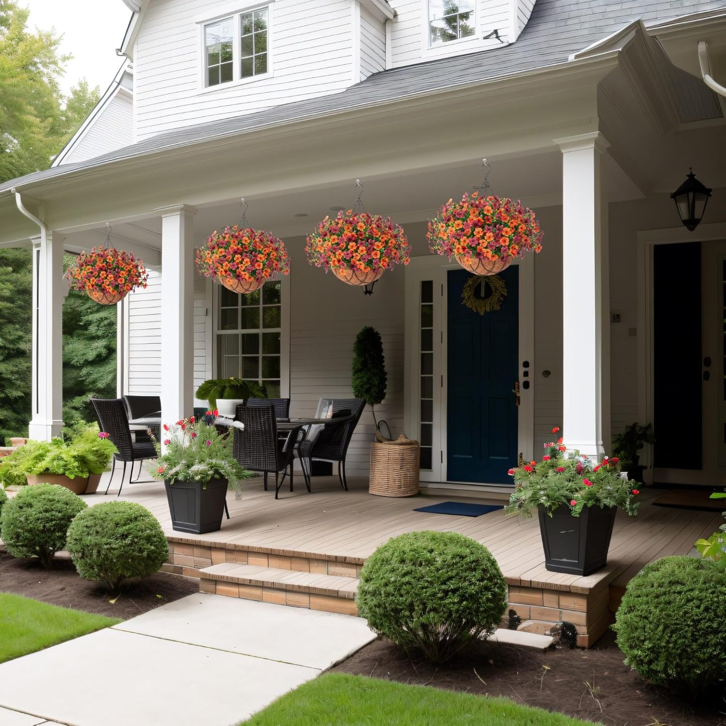 Artificial Silk Flowers Hanging Basket for Outdoor Indoor, Daisy with Eucalyptus Leaves Arrangement for Garden Yard Spring Summer Decor, Faux Green Plant in Metal Coconut Lining Pot(Red Purple)