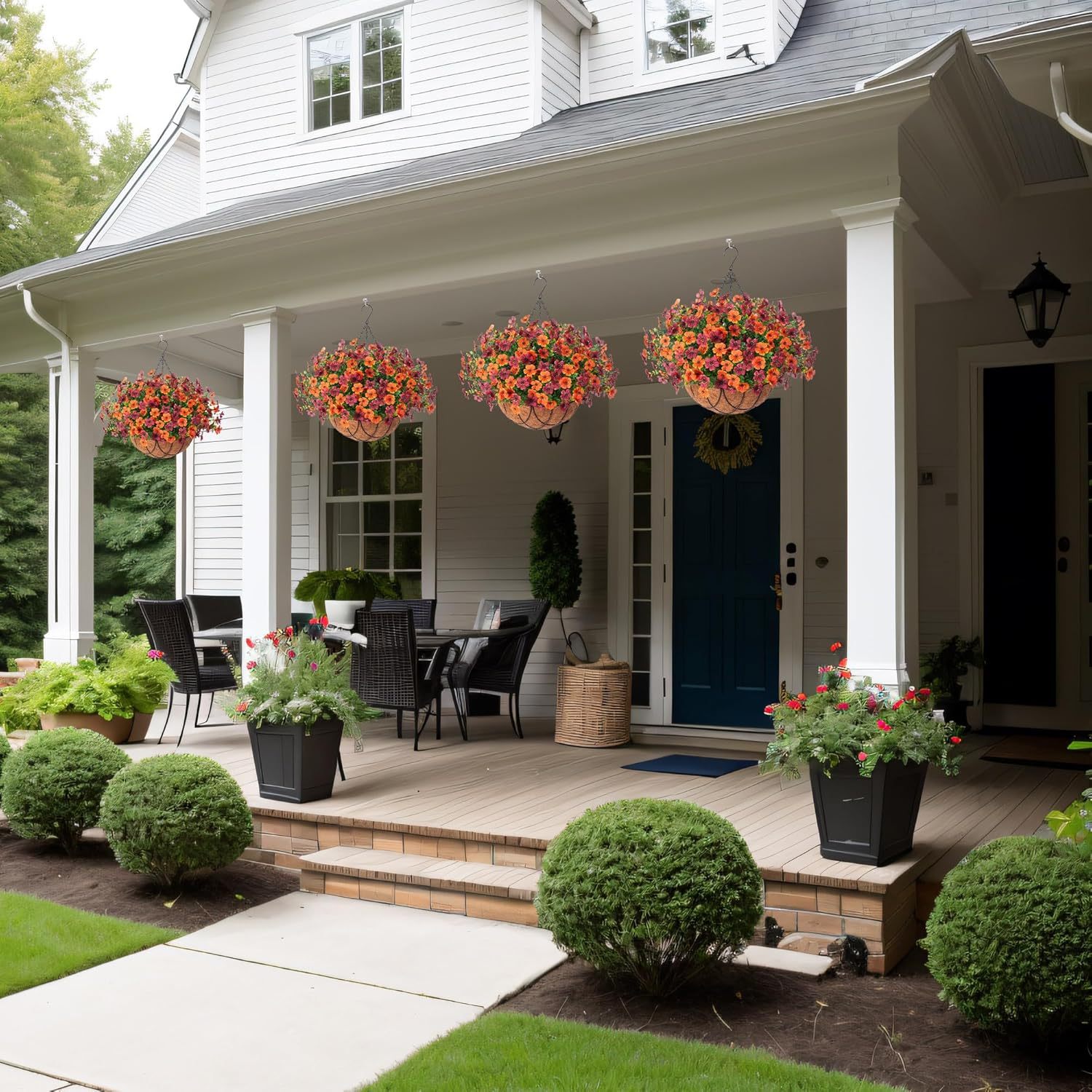 Artificial Silk Flowers Hanging Basket for Outdoor Indoor, Daisy with Eucalyptus Leaves Arrangement for Garden Yard Spring Summer Decor, Faux Green Plant in Metal Coconut Lining Pot(Red Purple)