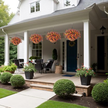 Artificial Silk Flowers Hanging Basket for Outdoor Indoor, Daisy with Eucalyptus Leaves Arrangement for Garden Yard Spring Summer Decor, Faux Green Plant in Metal Coconut Lining Pot(Red Purple)