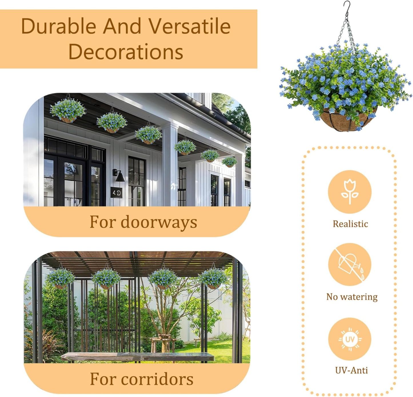 Artificial Hanging Flowers Basket for Outdoor, 16 Fake Flowers Look Real UV Resistant, Faux Hanging Plants for Porch, Balcony, Patio, Garden, Spring Summer Decor,White