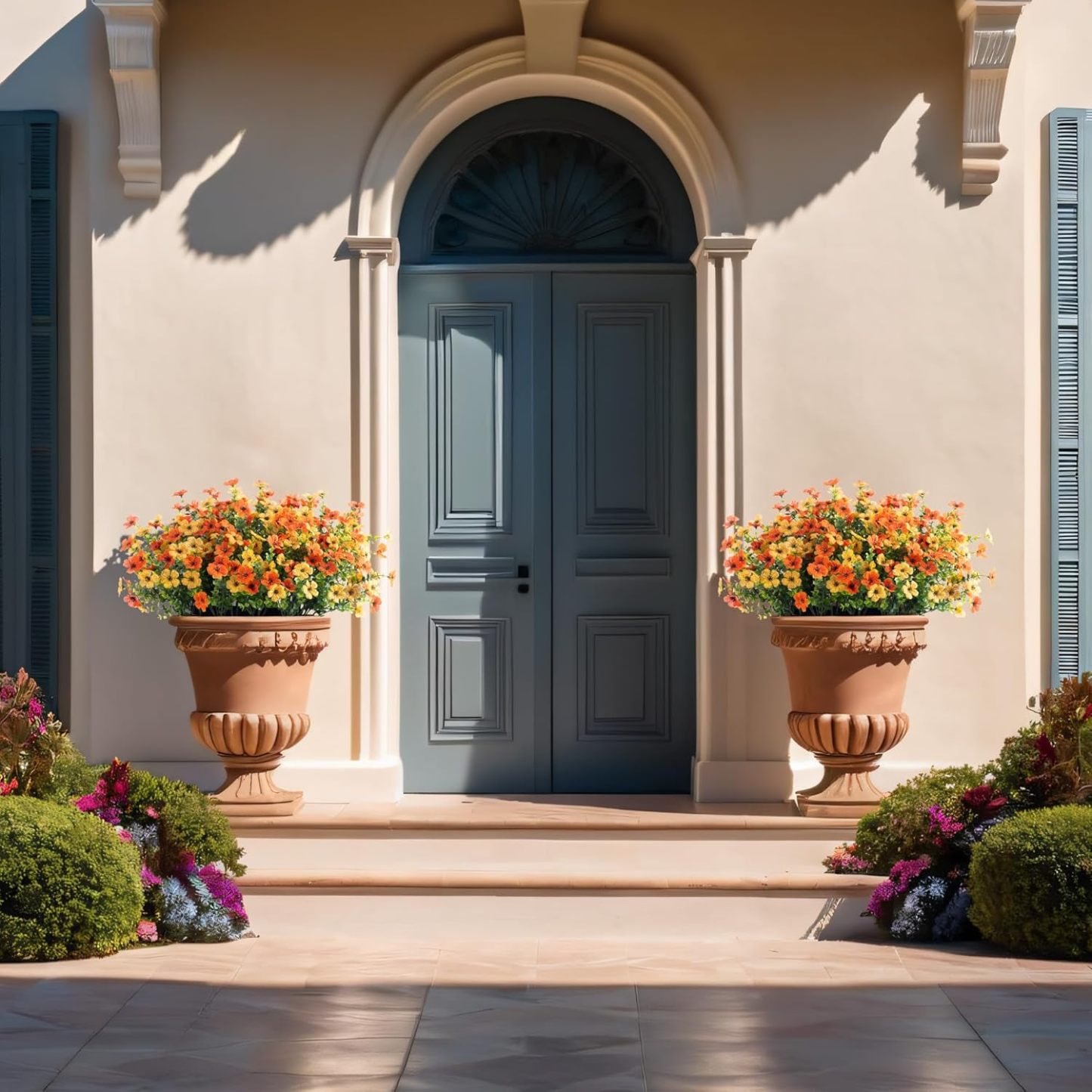 Artificial Silk Flowers Hanging Basket for Outdoor Indoor, Daisy with Eucalyptus Leaves Arrangement for Garden Yard Spring Summer Decor, Faux Green Plant in Metal Coconut Lining Pot(Red Purple)