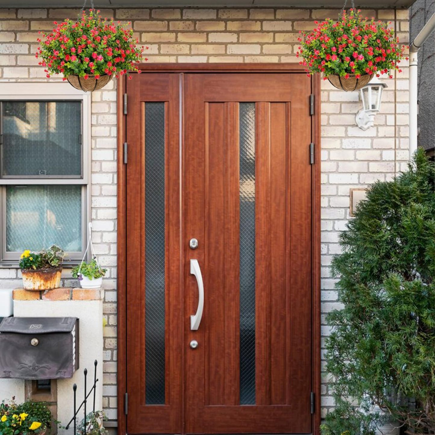 Artificial Hanging Flowers Basket for Outdoor, 16 Fake Flowers Look Real UV Resistant, Faux Hanging Plants for Porch, Balcony, Patio, Garden, Spring Summer Decor,White