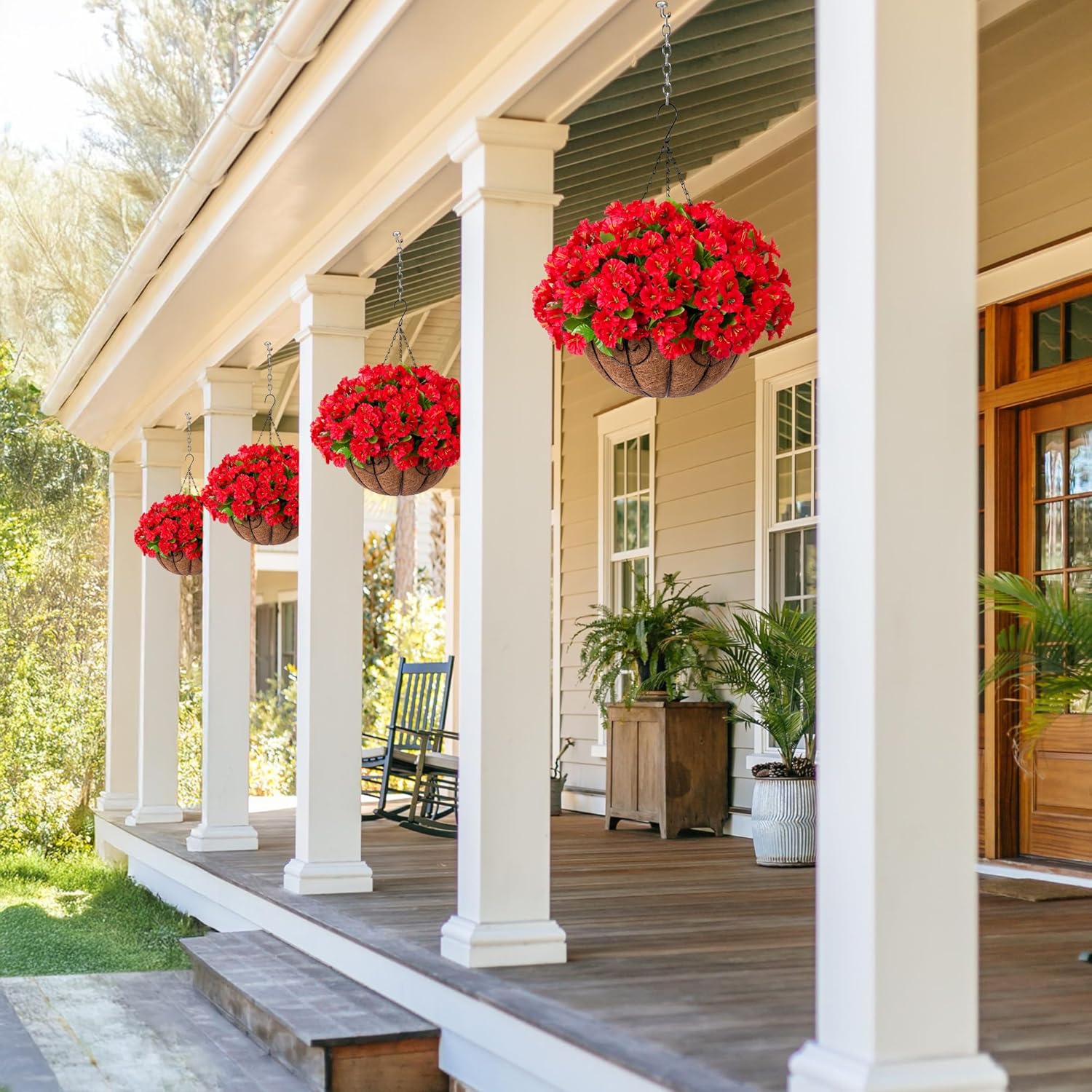 Artificial Hanging Flower Plants with Basket for Spring Summer Outdoor Decoration, Faux Petunias Flowers Fake Morning Glory Planter for Outside Patio Garden Porch Balcony Yard Decor(Rose Red)