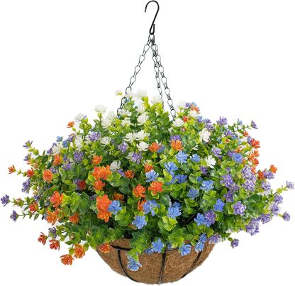 Artificial Hanging Flowers Basket for Outdoor, 16 Fake Flowers Look Real UV Resistant, Faux Hanging Plants for Porch, Balcony, Patio, Garden, Spring Summer Decor,White