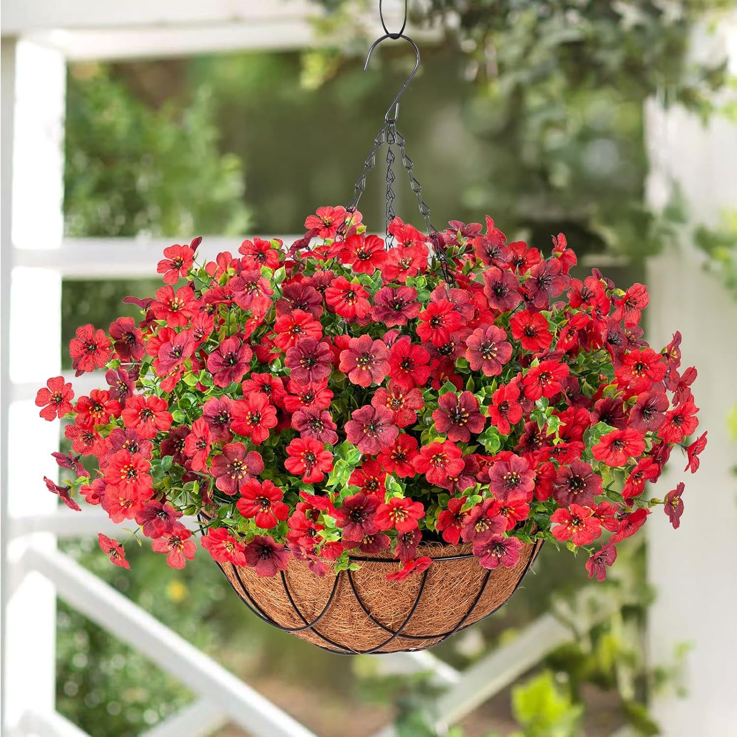 Artificial Silk Flowers Hanging Basket for Outdoor Indoor, Daisy with Eucalyptus Leaves Arrangement for Garden Yard Spring Summer Decor, Faux Green Plant in Metal Coconut Lining Pot(Red Purple)