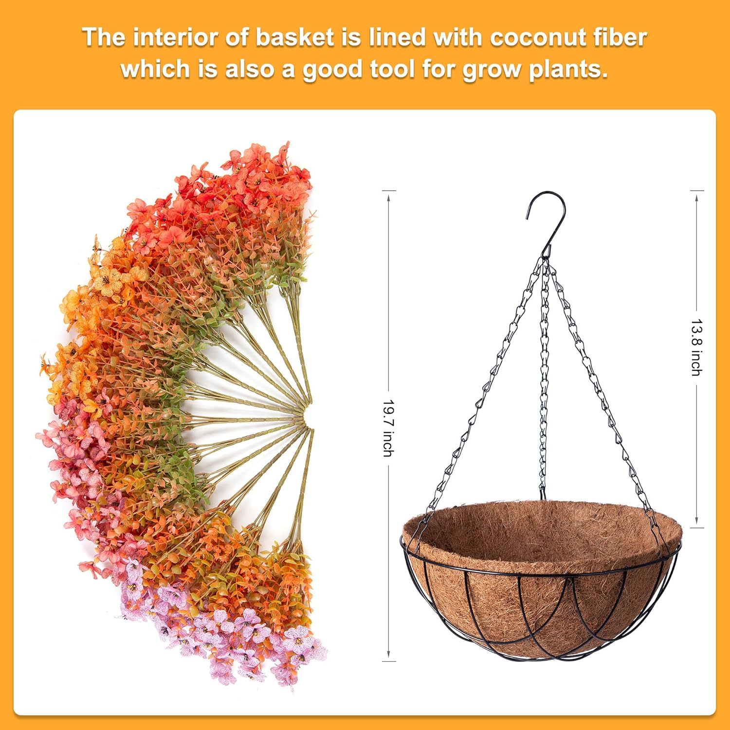 Artificial Silk Flowers Hanging Basket for Outdoor Indoor, Daisy with Eucalyptus Leaves Arrangement for Garden Yard Spring Summer Decor, Faux Green Plant in Metal Coconut Lining Pot(Red Purple)