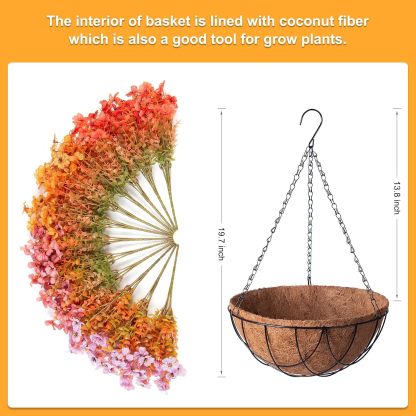Artificial Silk Flowers Hanging Basket for Outdoor Indoor, Daisy with Eucalyptus Leaves Arrangement for Garden Yard Spring Summer Decor, Faux Green Plant in Metal Coconut Lining Pot(Red Purple)