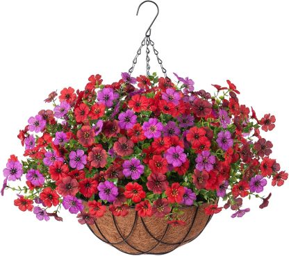 Artificial Silk Flowers Hanging Basket for Outdoor Indoor, Daisy with Eucalyptus Leaves Arrangement for Garden Yard Spring Summer Decor, Faux Green Plant in Metal Coconut Lining Pot(Red Purple)