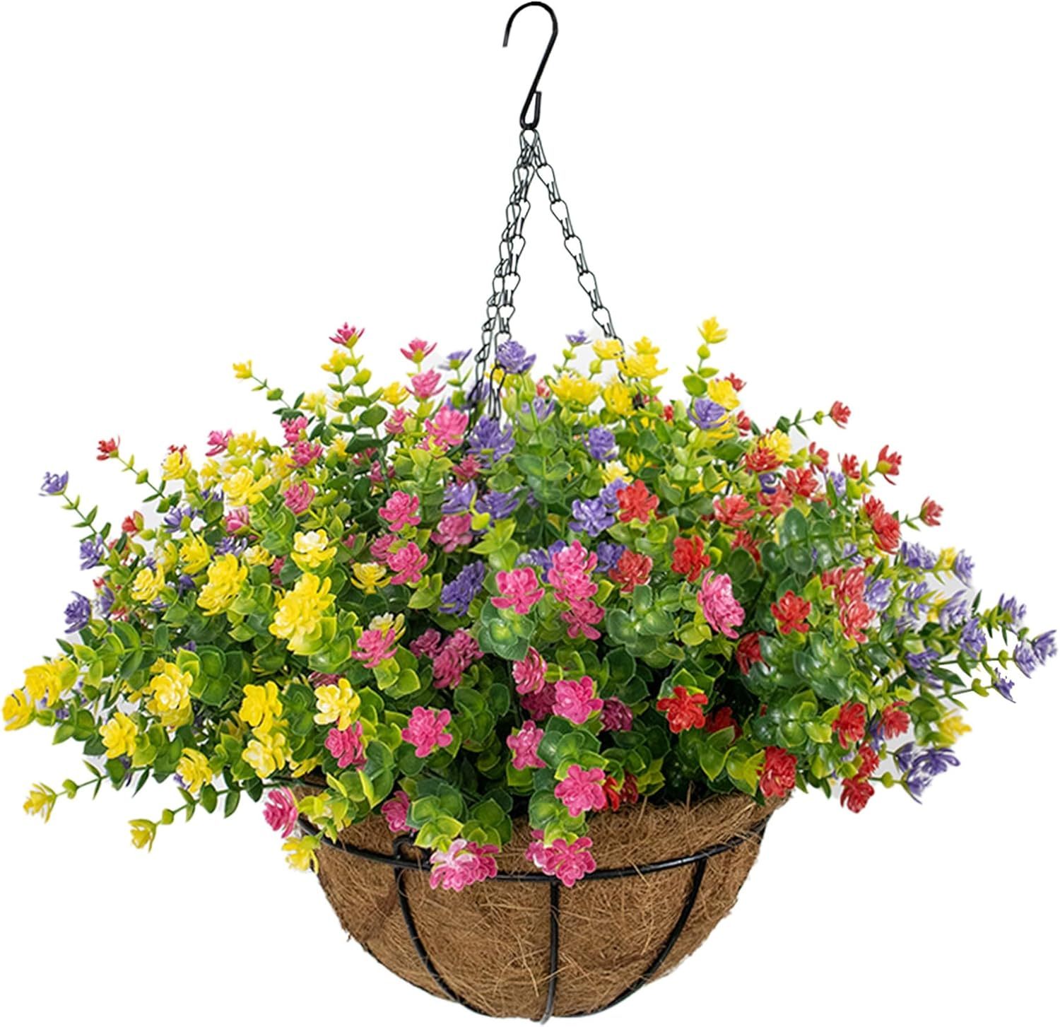 Artificial Hanging Flowers Basket for Outdoor, 16 Fake Flowers Look Real UV Resistant, Faux Hanging Plants for Porch, Balcony, Patio, Garden, Spring Summer Decor,White