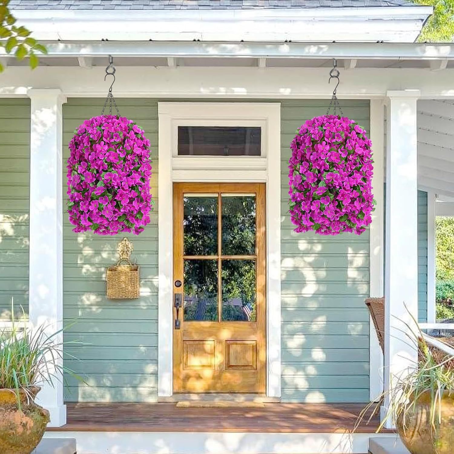 Artificial Hanging Flowers for Outdoors, Fake Hanging Plants with Baskets, Silk Faux Flowers UV Resistant for Planters Home Patio Porch Spring Summer Outside Decorations, Fuchsia