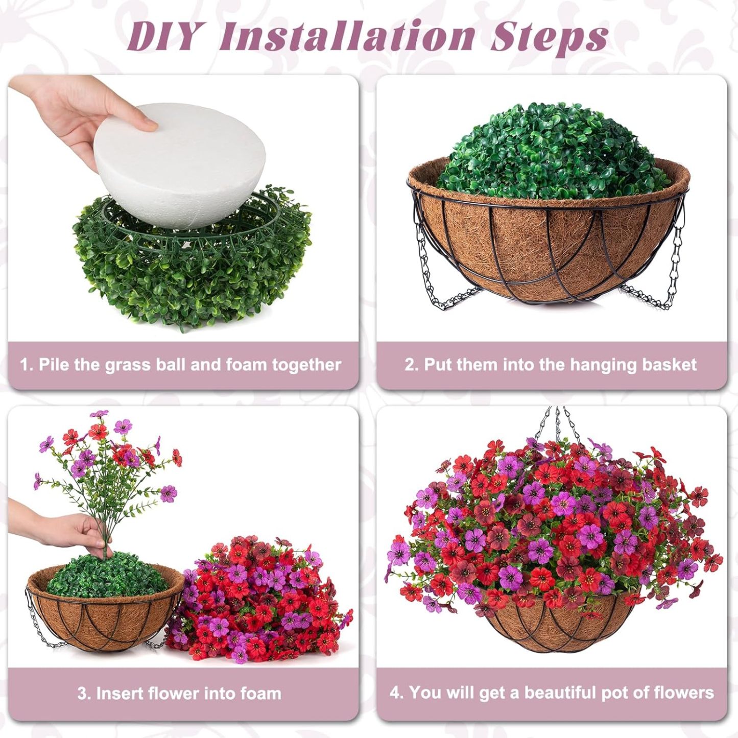 Artificial Silk Flowers Hanging Basket for Outdoor Indoor, Daisy with Eucalyptus Leaves Arrangement for Garden Yard Spring Summer Decor, Faux Green Plant in Metal Coconut Lining Pot(Red Purple)