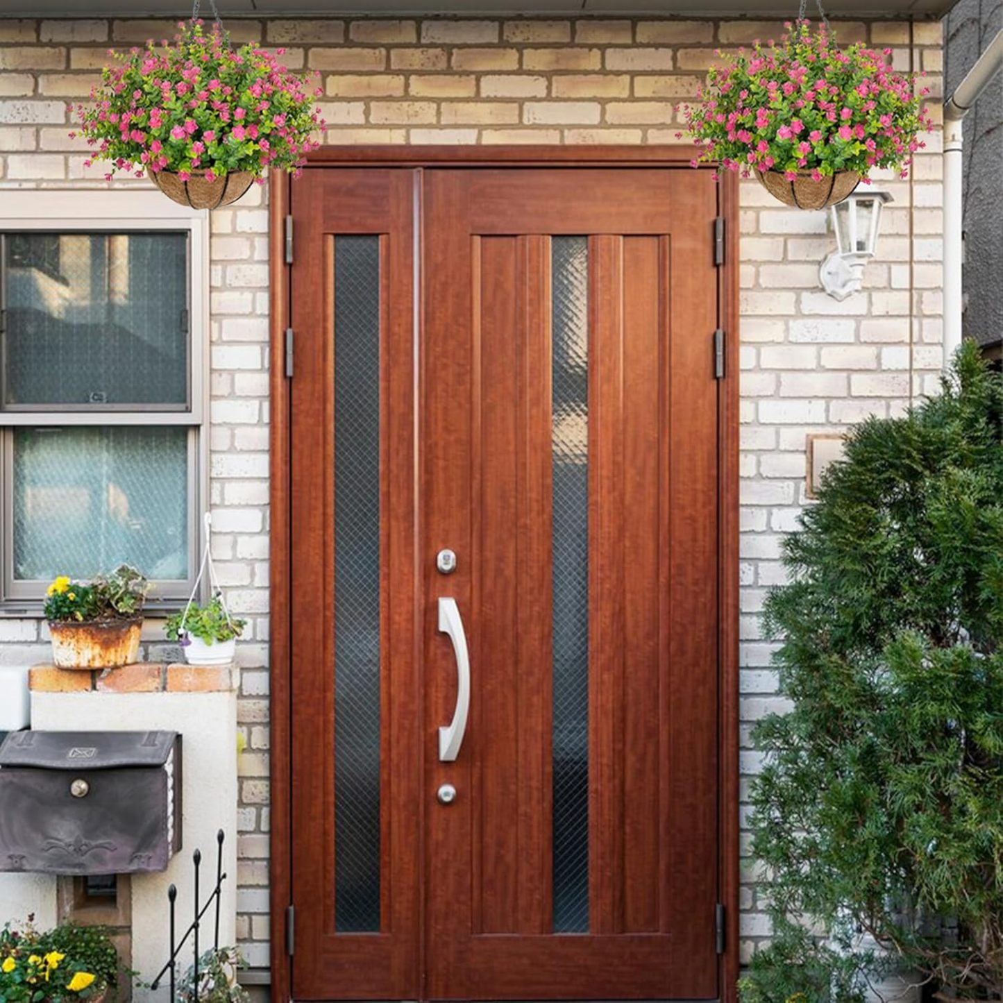 Artificial Hanging Flowers Basket for Outdoor, 16 Fake Flowers Look Real UV Resistant, Faux Hanging Plants for Porch, Balcony, Patio, Garden, Spring Summer Decor,White