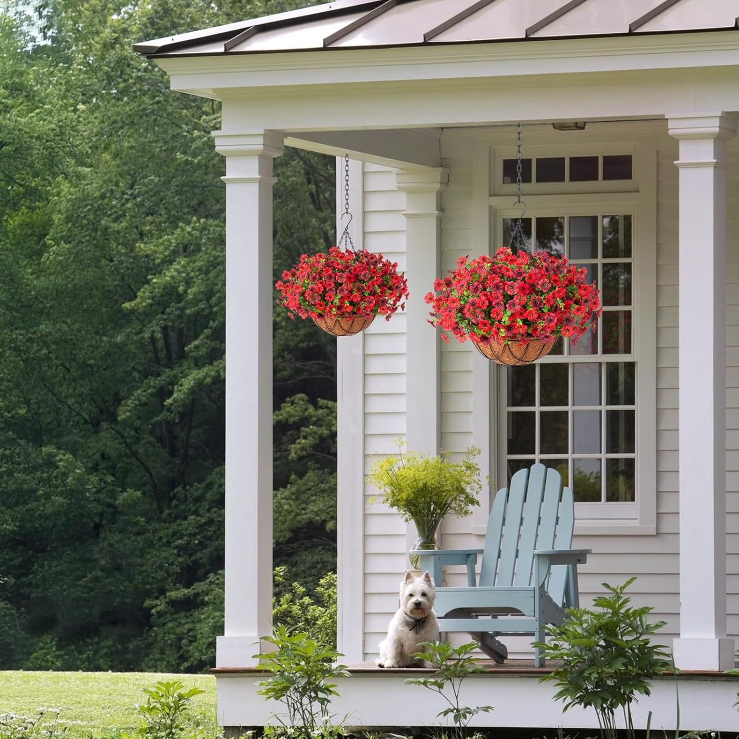 Artificial Silk Flowers Hanging Basket for Outdoor Indoor, Daisy with Eucalyptus Leaves Arrangement for Garden Yard Spring Summer Decor, Faux Green Plant in Metal Coconut Lining Pot(Red Purple)