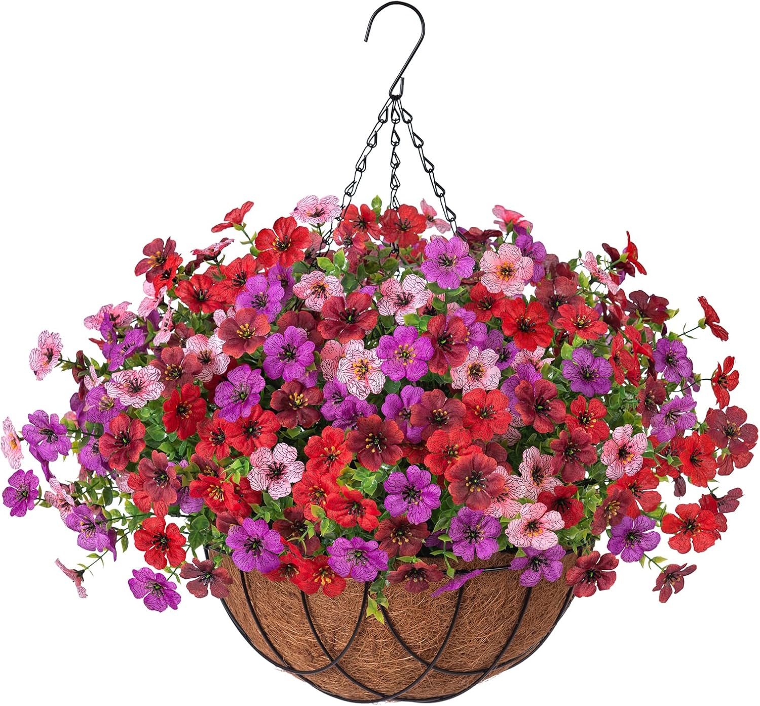 Artificial Silk Flowers Hanging Basket for Outdoor Indoor, Daisy with Eucalyptus Leaves Arrangement for Garden Yard Spring Summer Decor, Faux Green Plant in Metal Coconut Lining Pot(Red Purple)