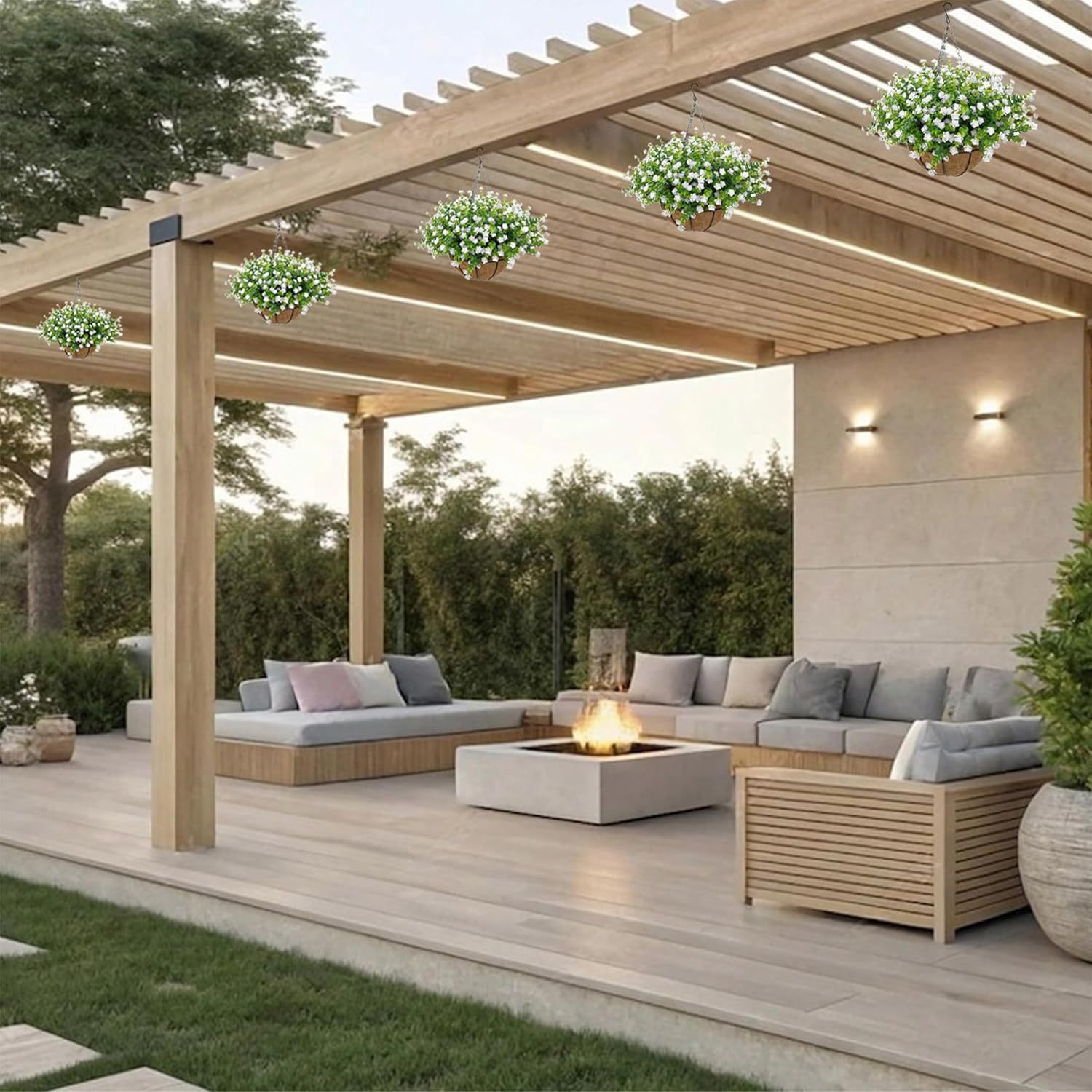 Artificial Hanging Flowers Basket for Outdoor, 16 Fake Flowers Look Real UV Resistant, Faux Hanging Plants for Porch, Balcony, Patio, Garden, Spring Summer Decor,White