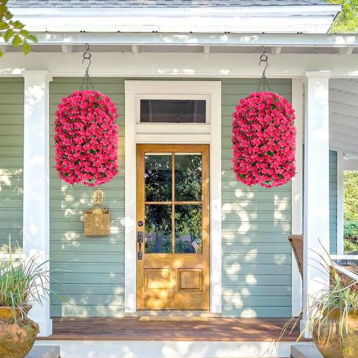 Artificial Hanging Flowers for Outdoors, Fake Hanging Plants with Baskets, Silk Faux Flowers UV Resistant for Planters Home Patio Porch Spring Summer Outside Decorations, Fuchsia
