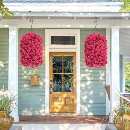 Artificial Hanging Flowers for Outdoors, Fake Hanging Plants with Baskets, Silk Faux Flowers UV Resistant for Planters Home Patio Porch Spring Summer Outside Decorations, Fuchsia