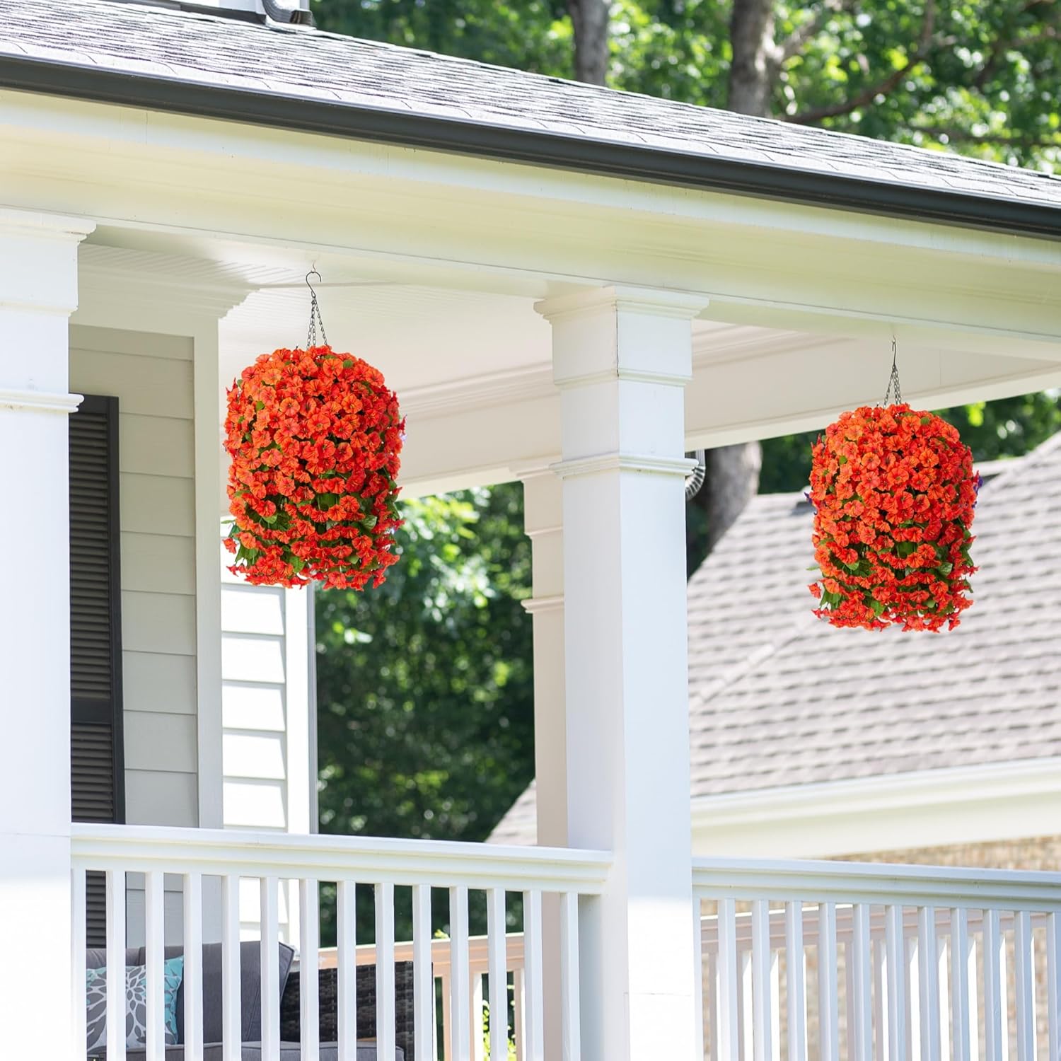 Artificial Faux Hanging Flowers Plants Basket for Outdoor Outside Porch Decoration, UV Resistant Fake Silk Purple Morning Glory Trailing Vines Realistic for Summer Home Balcony Yard Patio