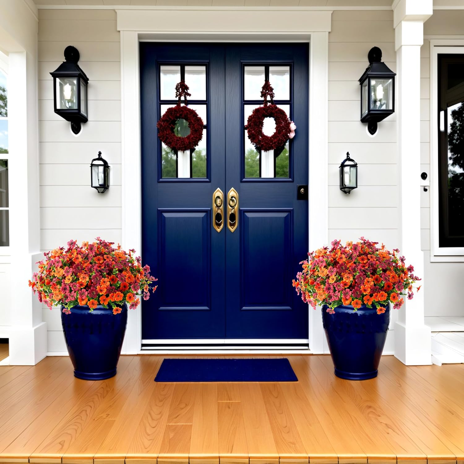 Artificial Silk Flowers Hanging Basket for Outdoor Indoor, Daisy with Eucalyptus Leaves Arrangement for Garden Yard Spring Summer Decor, Faux Green Plant in Metal Coconut Lining Pot(Red Purple)