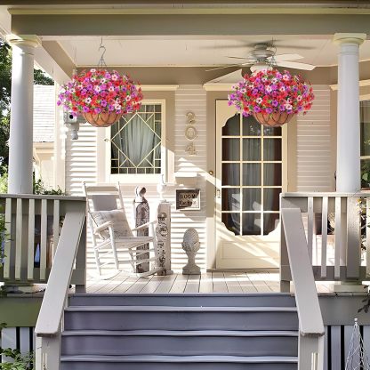 Artificial Silk Flowers Hanging Basket for Outdoor Indoor, Daisy with Eucalyptus Leaves Arrangement for Garden Yard Spring Summer Decor, Faux Green Plant in Metal Coconut Lining Pot(Red Purple)