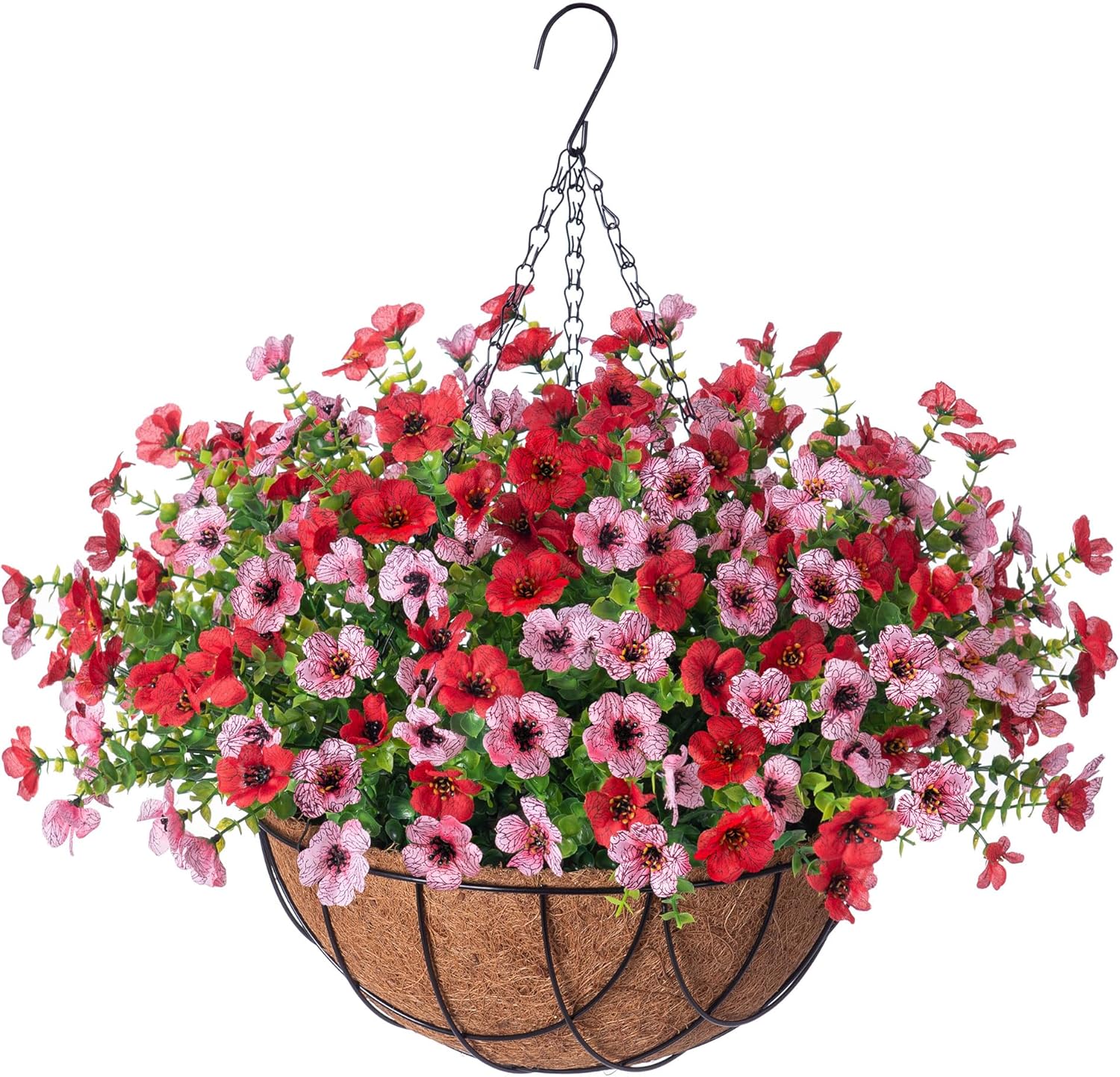 Artificial Silk Flowers Hanging Basket for Outdoor Indoor, Daisy with Eucalyptus Leaves Arrangement for Garden Yard Spring Summer Decor, Faux Green Plant in Metal Coconut Lining Pot(Red Purple)