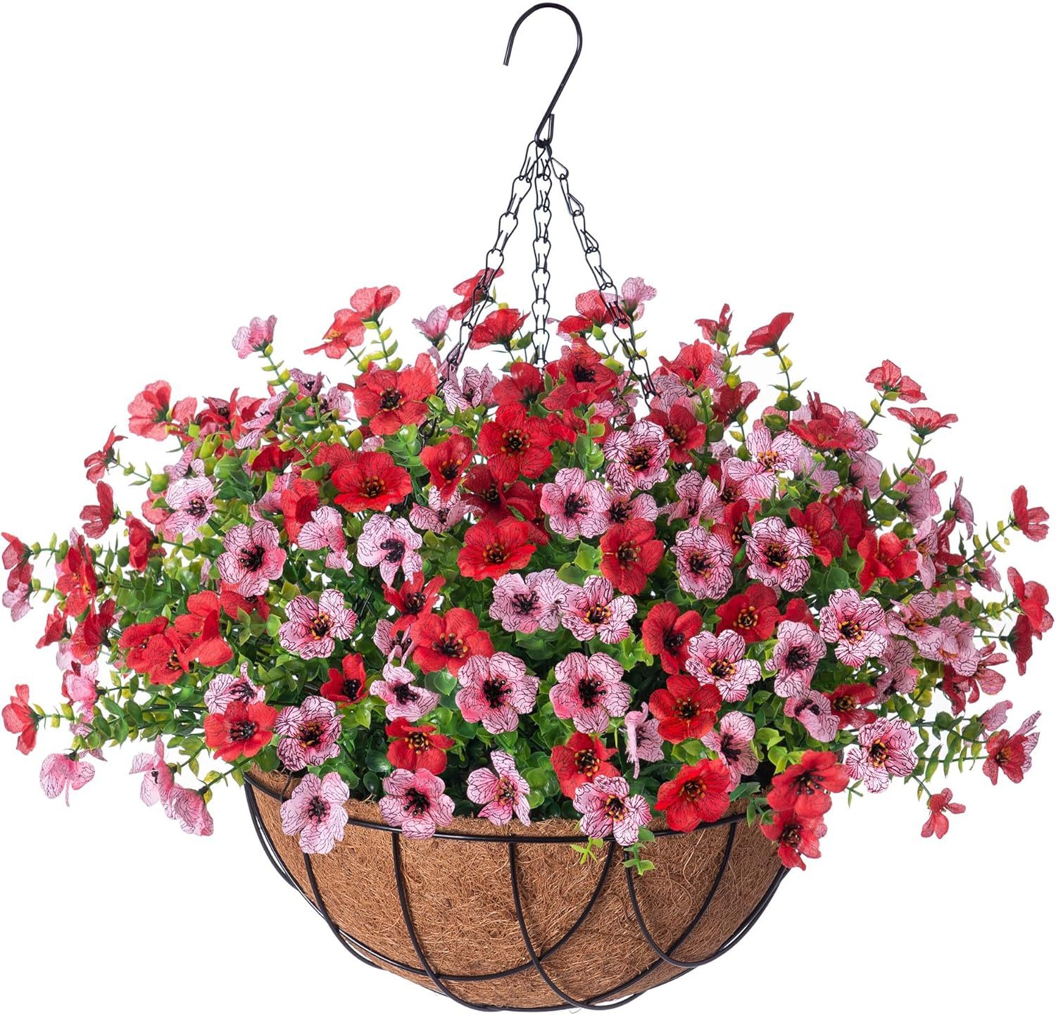 Artificial Silk Flowers Hanging Basket for Outdoor Indoor, Daisy with Eucalyptus Leaves Arrangement for Garden Yard Spring Summer Decor, Faux Green Plant in Metal Coconut Lining Pot(Red Purple)