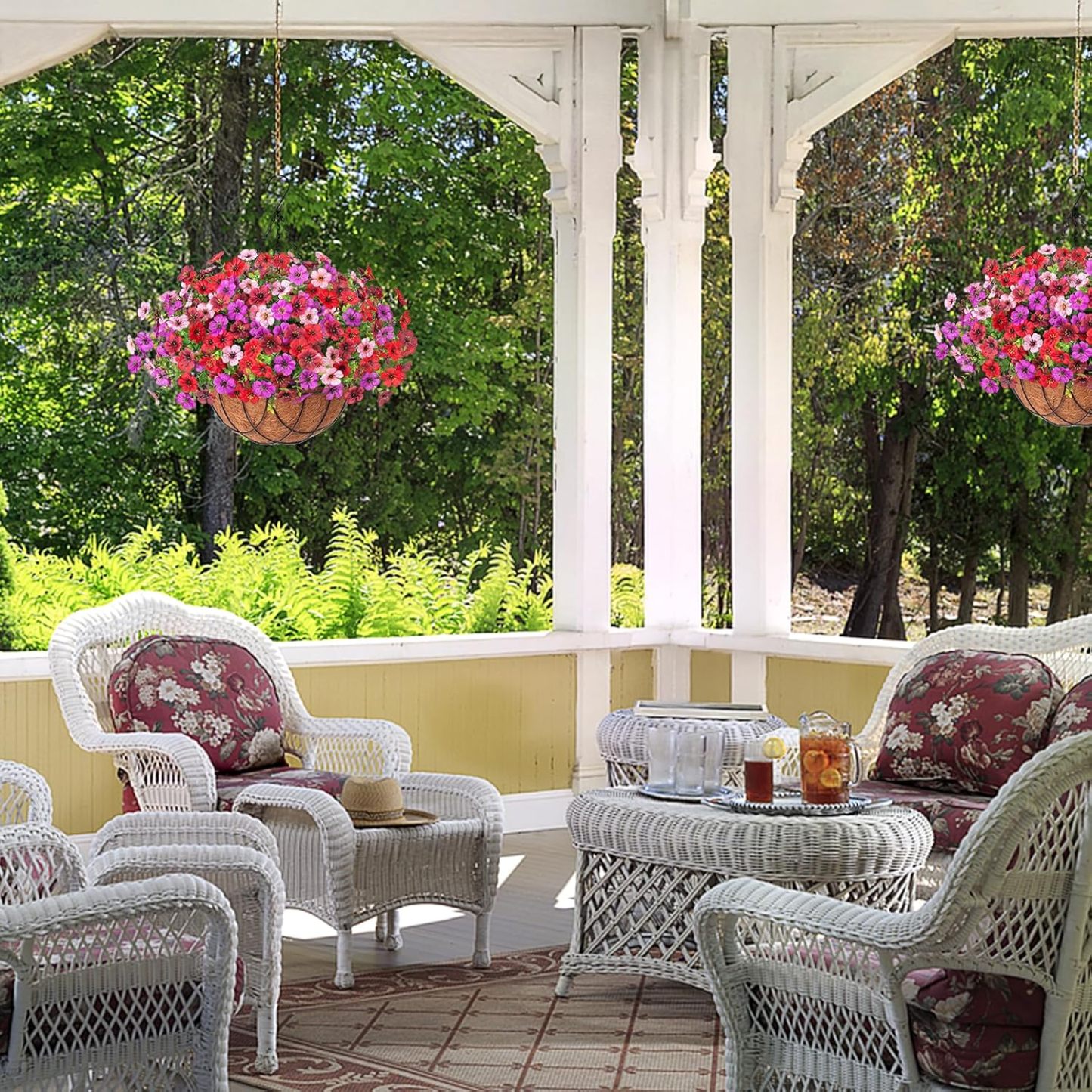 Artificial Silk Flowers Hanging Basket for Outdoor Indoor, Daisy with Eucalyptus Leaves Arrangement for Garden Yard Spring Summer Decor, Faux Green Plant in Metal Coconut Lining Pot(Red Purple)