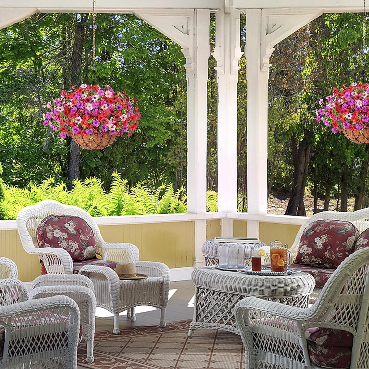 Artificial Silk Flowers Hanging Basket for Outdoor Indoor, Daisy with Eucalyptus Leaves Arrangement for Garden Yard Spring Summer Decor, Faux Green Plant in Metal Coconut Lining Pot(Red Purple)