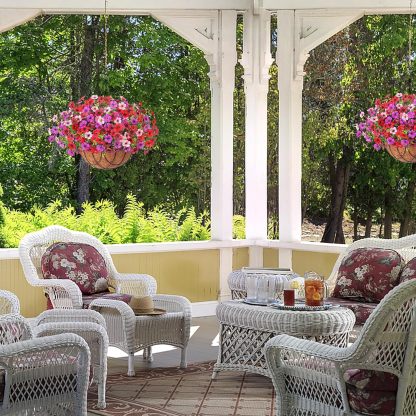 Artificial Silk Flowers Hanging Basket for Outdoor Indoor, Daisy with Eucalyptus Leaves Arrangement for Garden Yard Spring Summer Decor, Faux Green Plant in Metal Coconut Lining Pot(Red Purple)