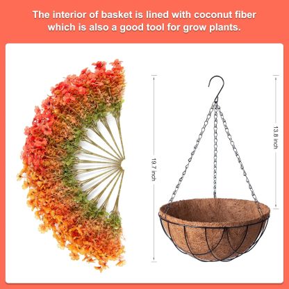 Artificial Silk Flowers Hanging Basket for Outdoor Indoor, Daisy with Eucalyptus Leaves Arrangement for Garden Yard Spring Summer Decor, Faux Green Plant in Metal Coconut Lining Pot(Red Purple)