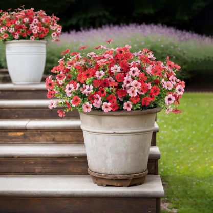 Artificial Silk Flowers Hanging Basket for Outdoor Indoor, Daisy with Eucalyptus Leaves Arrangement for Garden Yard Spring Summer Decor, Faux Green Plant in Metal Coconut Lining Pot(Red Purple)