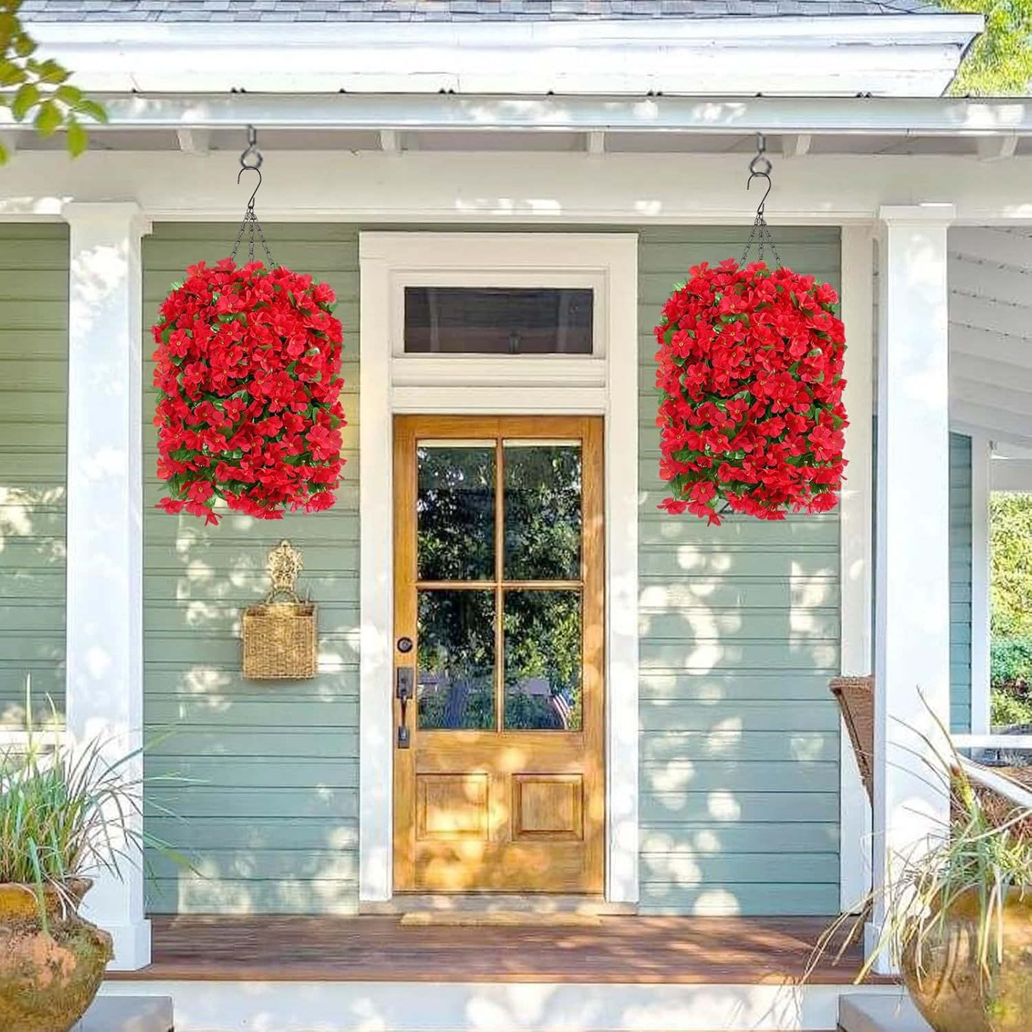 Artificial Hanging Flowers for Outdoors, Fake Hanging Plants with Baskets, Silk Faux Flowers UV Resistant for Planters Home Patio Porch Spring Summer Outside Decorations, Fuchsia