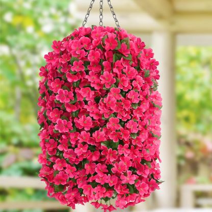 Artificial Hanging Flowers for Outdoors, Fake Hanging Plants with Baskets, Silk Faux Flowers UV Resistant for Planters Home Patio Porch Spring Summer Outside Decorations, Fuchsia