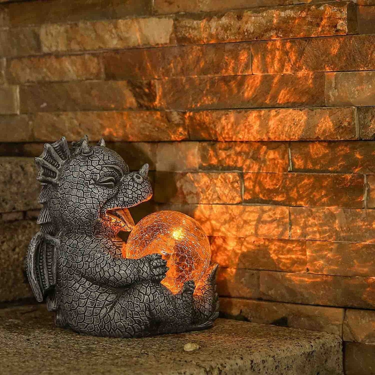 Garden Dragon Statues - Adorable Baby Resin Dragon Figurines, Holding Magic Orb with Solar LED Lights, Outdoor Spring Decorations for Patio Yard Lawn Porch, Ornament Gift