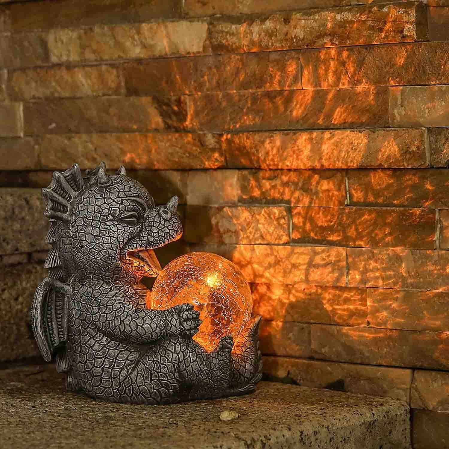 Garden Dragon Statues - Adorable Baby Resin Dragon Figurines, Holding Magic Orb with Solar LED Lights, Outdoor Spring Decorations for Patio Yard Lawn Porch, Ornament Gift