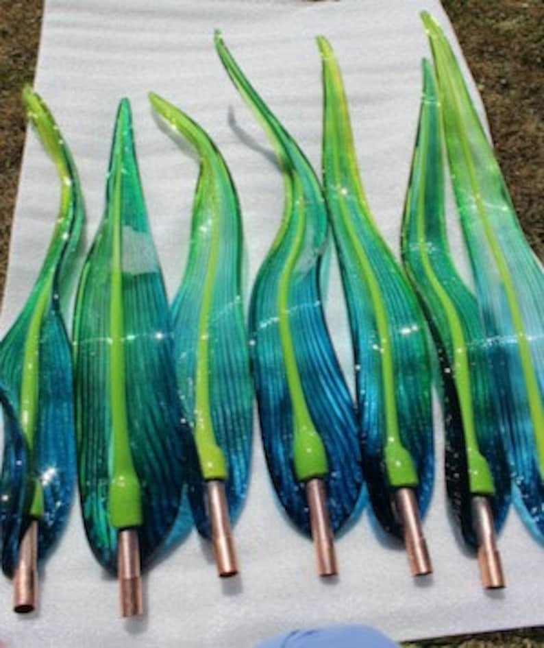 Yard Art Glass Hand Blown Glass handblown Garden Art  glass sculpture Flower Bud Leaf  10 piece set 3410 aqua  blue green
