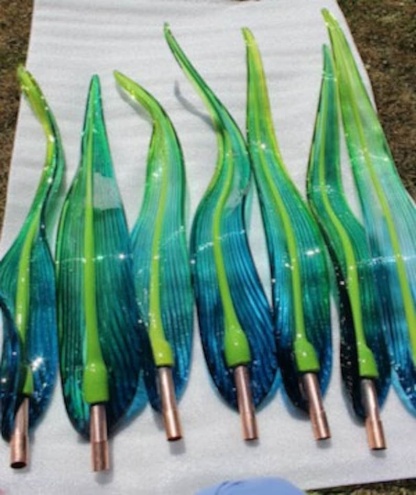 Yard Art Glass Hand Blown Glass handblown Garden Art  glass sculpture Flower Bud Leaf  10 piece set 3410 aqua  blue green