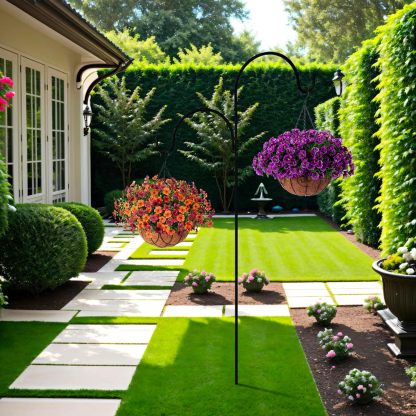 Artificial Silk Flowers Hanging Basket for Outdoor Indoor, Daisy with Eucalyptus Leaves Arrangement for Garden Yard Spring Summer Decor, Faux Green Plant in Metal Coconut Lining Pot(Red Purple)